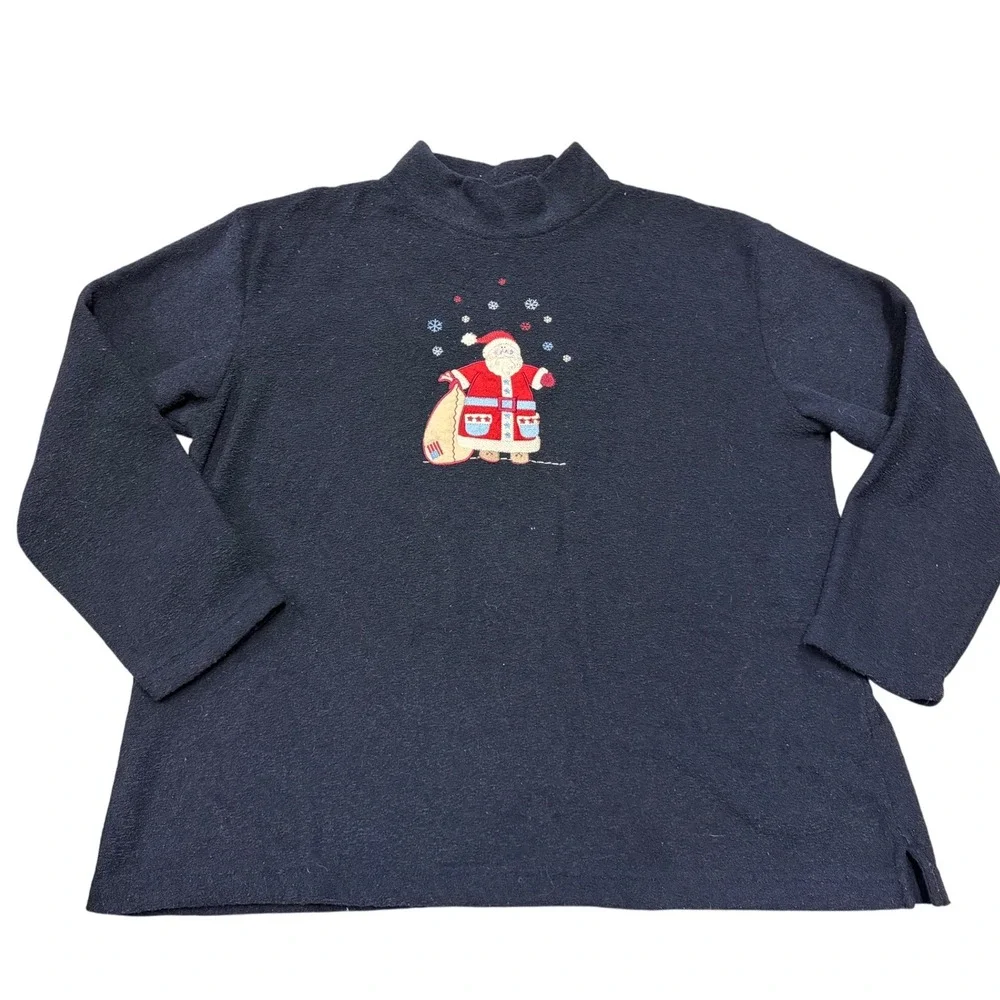 CJ Banks‎ Women's 1X Navy Blue Mock Neck Long Sleeve Embroidered Santa Fleece